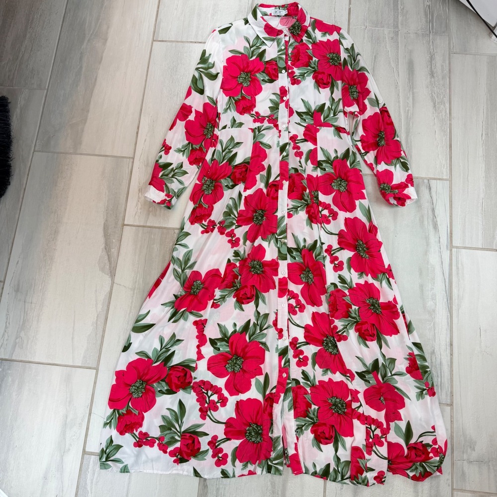 Anna Kay France Red Floral Cotton Maxi Shirt Dress Long Sleeve Pockets Small